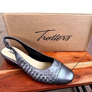 Trotters Dea Woven Pewter Metallic Slingback Pumps 8.5 M NWB
